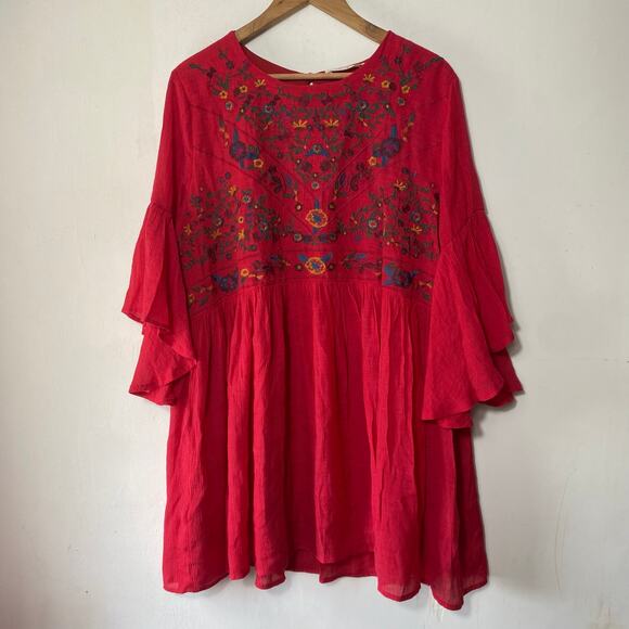 A Beautiful Soul SZ L/XL Red Embroidered Floral Babydoll Boho Dress Bell Sleeves - Picture 1 of 8